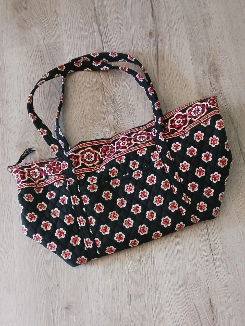 Vera Bradley Retired Pirouette Black Quilted Floral Tote with Red Accents